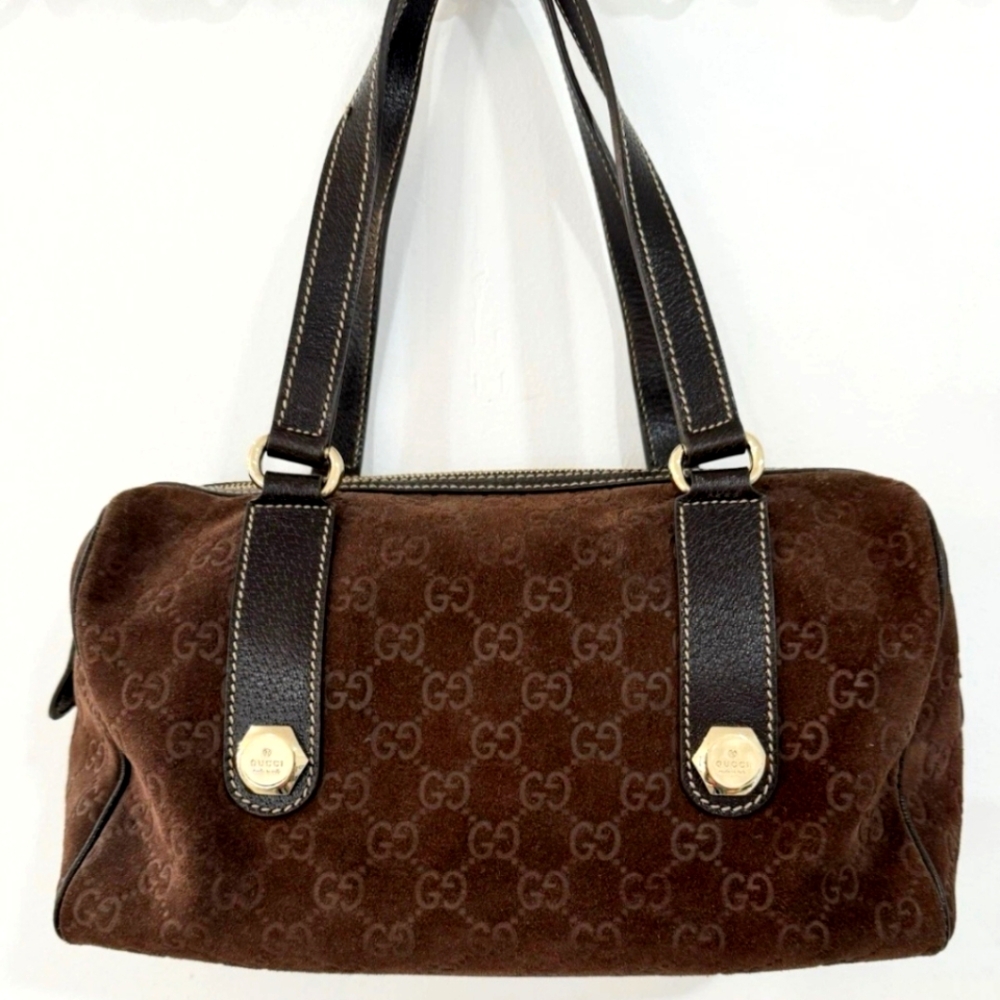 Gucci Charmy Boston Brown Suede Leather bag With Dust Bag. 11"Wx6"H 4.25D
